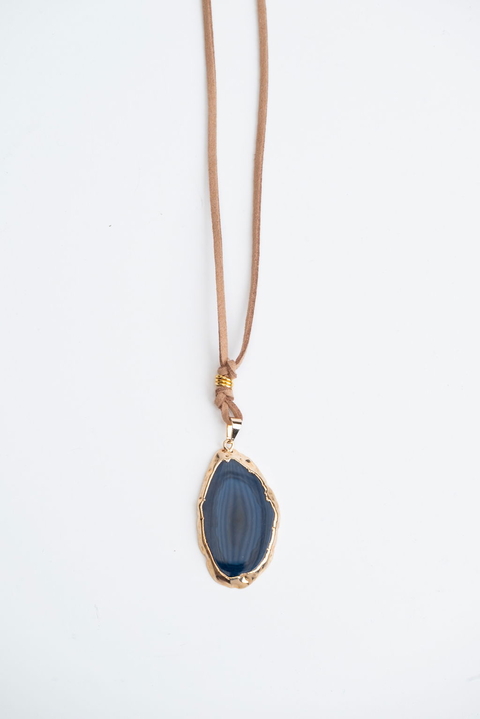 Collar ML - Ágata Azul Oro & Gamuza Marrón