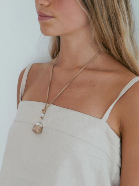 Collar SP - Jaspe Madera Plata & Gamuza marrón