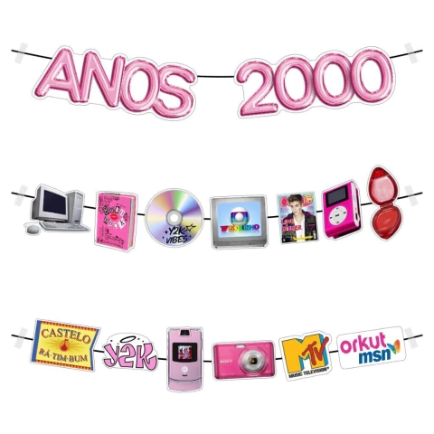 Varal decoração Anos 2000 Aniversário Y2K Bandeirinha com imagens Retrô