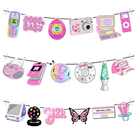 Bandeirola Varal decoração Anos 2000 Aniversário Y2K com imagens Retrô