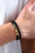Pulseira de Âmbar Masculina Original Mosaico e Couro Duplo Preto