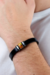 Pulseira de Âmbar Masculina Original Mosaico e Couro Preto