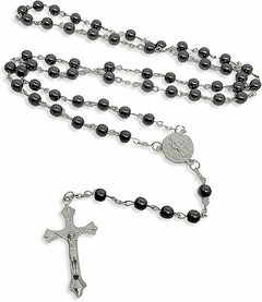Terço de Hematita São Bento com Crucifixo de Metal