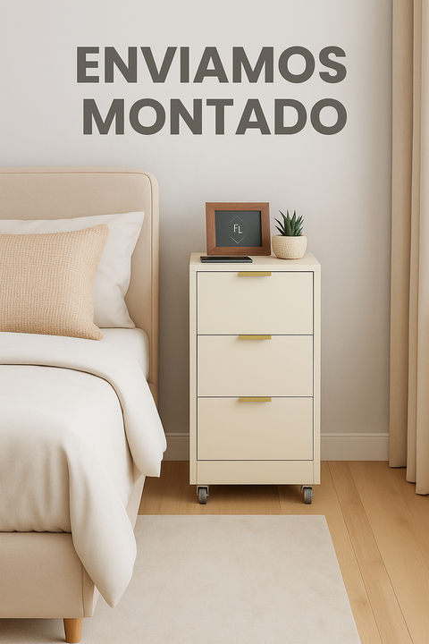 Mesa de Cabeceira Off White com 3 Gavetas 66x30cm – Criado-Mudo Moderno FL Decor com Puxador Dourado em MDF