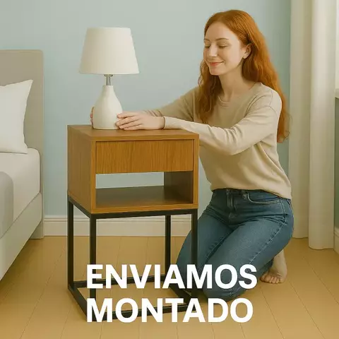 Mesa de Cabeceira Amadeirada 40cm com Gaveta e Nicho – Base Industrial Preta – MDF Montada