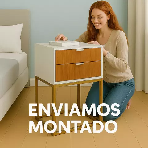 Mesa de Cabeceira Branca 40cm com Gavetas Amadeiradas e Base Industrial Dourada – MDF Montada - comprar online