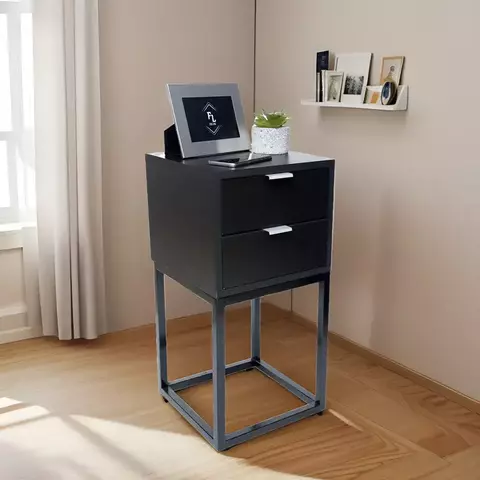 Mesa de Cabeceira Estilo Industrial 30cm Preto 2 Gavetas Base Ferro Preto Lateral Cama - comprar online