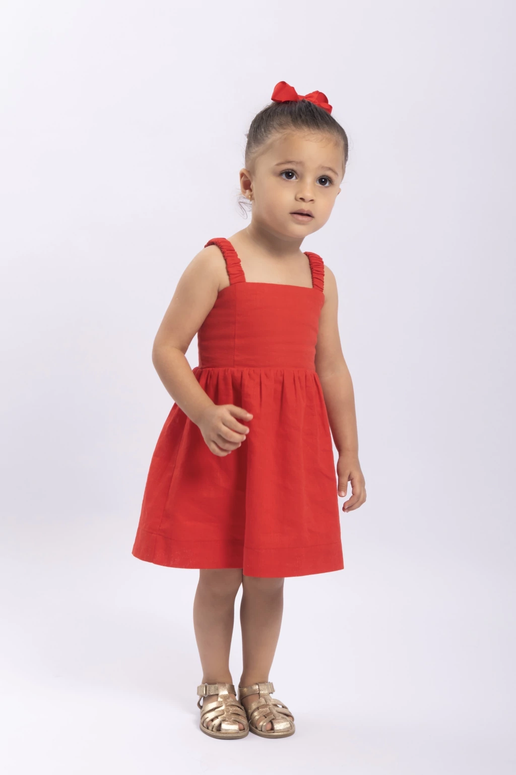 Vestido Infantil Cambraia de Linho Alça Franzida Vermelho Flor de Lis