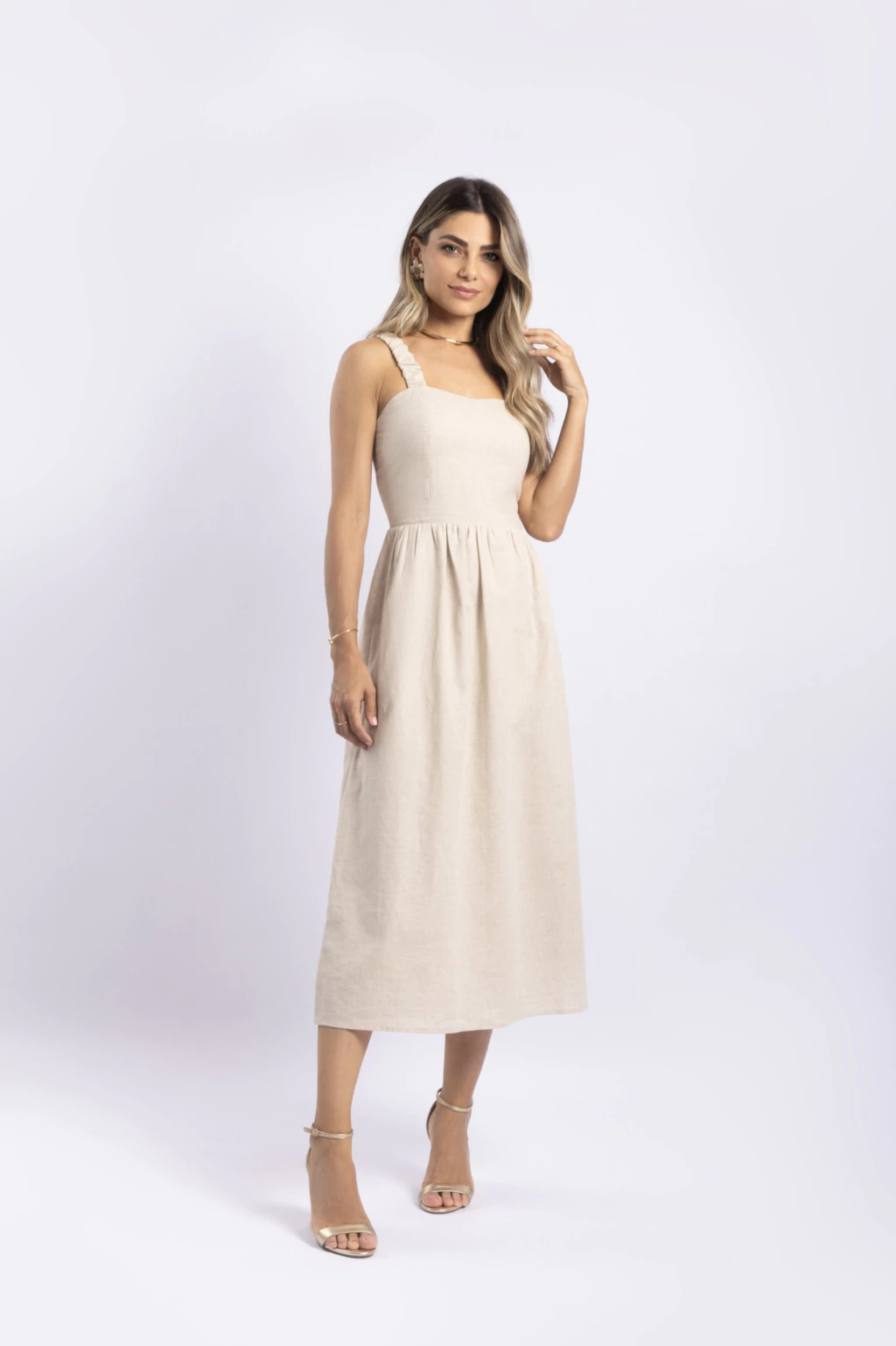 Vestido Cambraia de Linho Alça Franzida Natural Flor de Lis