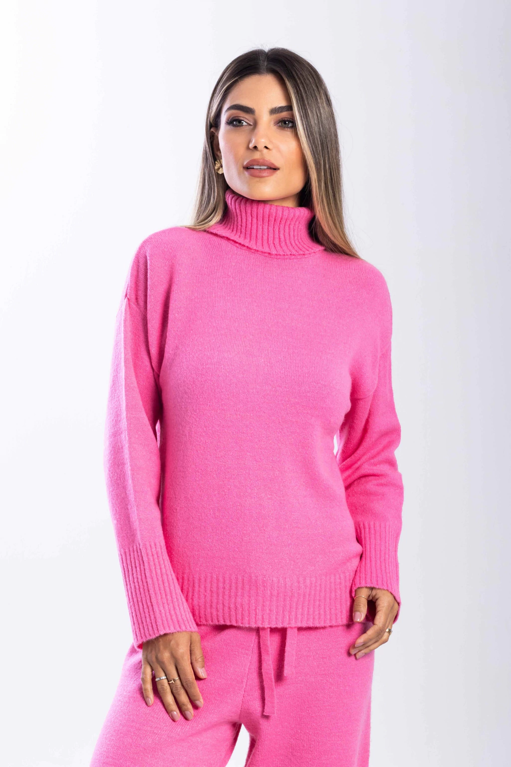 Blusa Tricô Toque Macio Gola Alta Pink Begônia