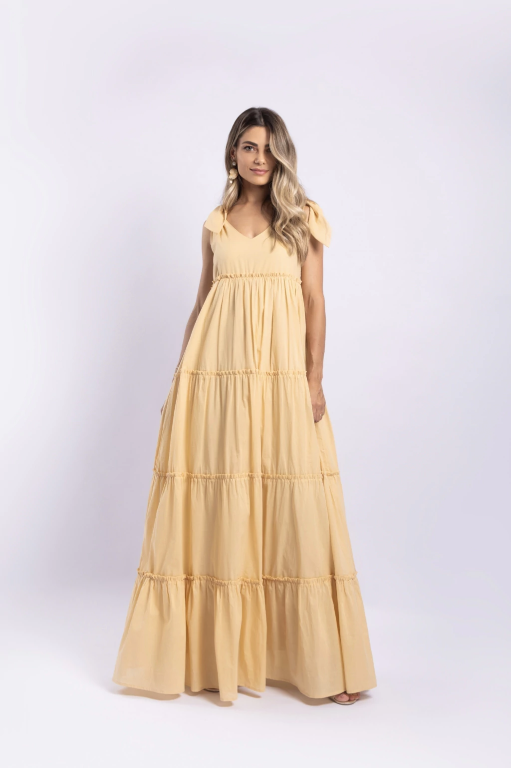 Vestido Cambraia Algodão Longo Babados Amarelo Manteiga Gardênia
