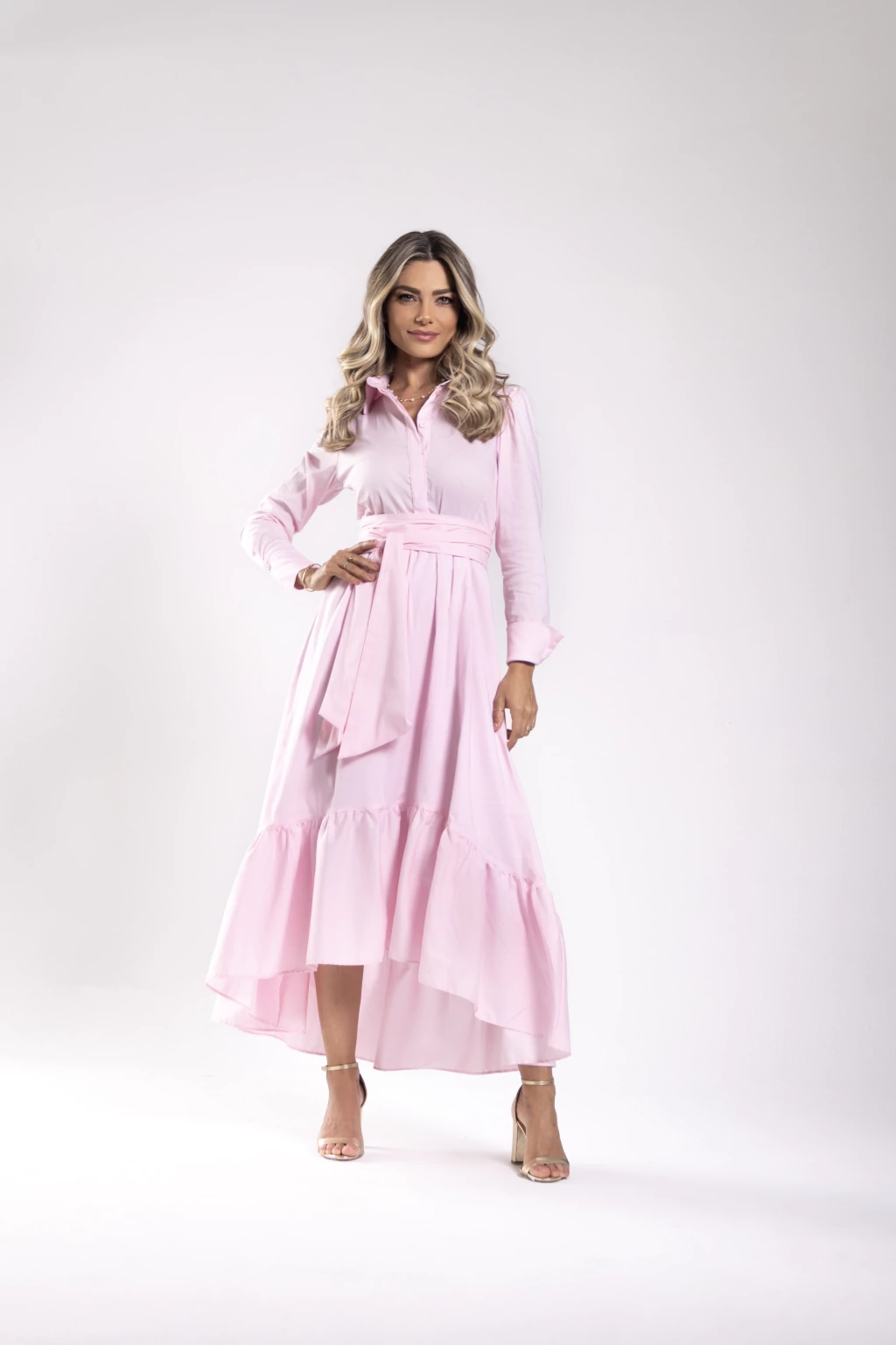 Vestido Tricoline Drapeado Rosa Pó Jasmim