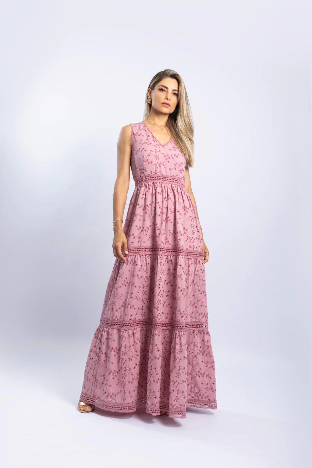 Vestido Longo em Lese e Rendas Rosa Seco Azaleia