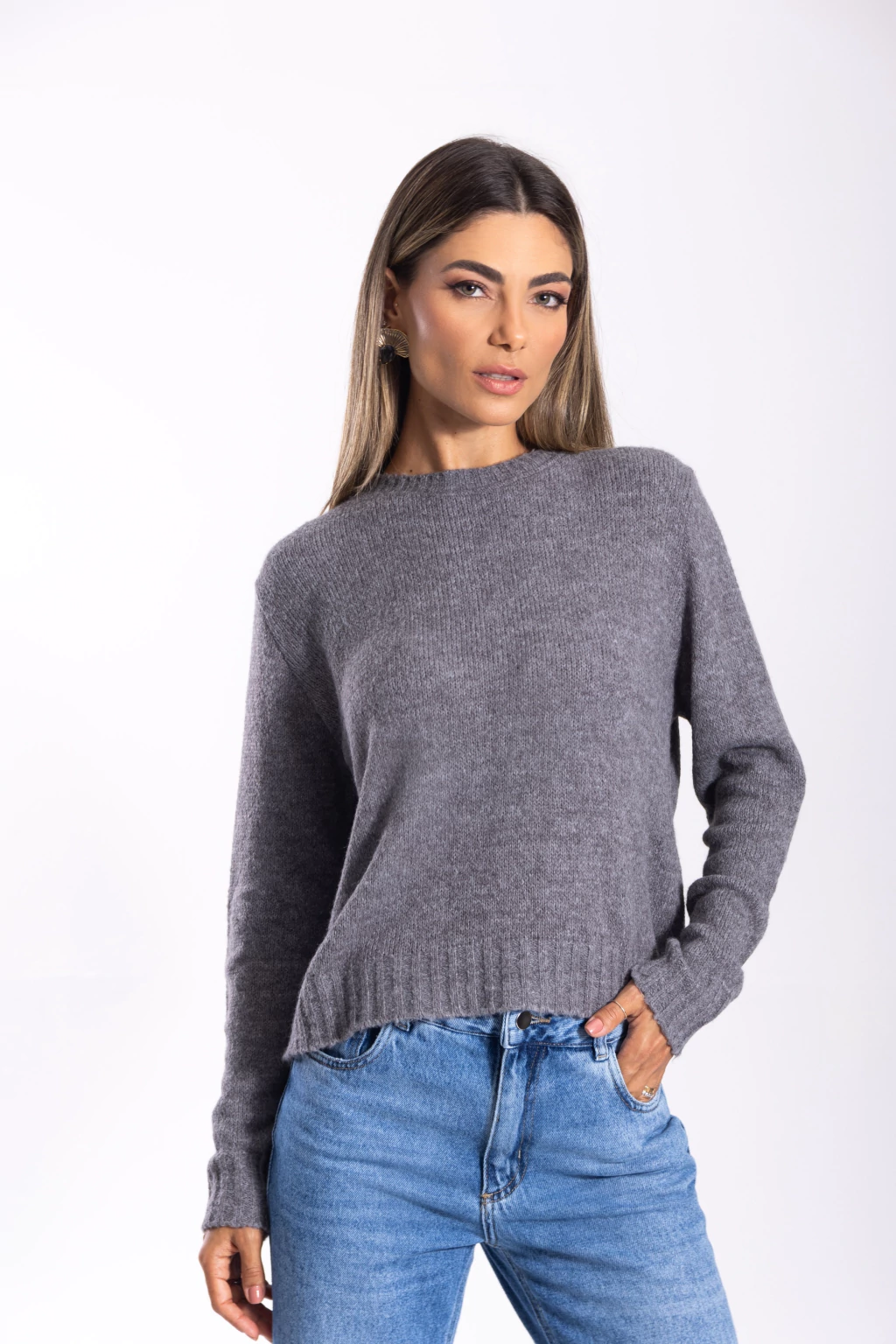 Blusa Tricô Gola Redonda Cinza - Petúnia
