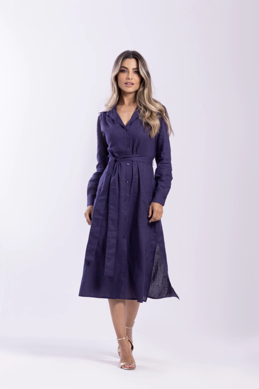 Chemise Cambraia de Linho Midi Azul Marinho Hibisco