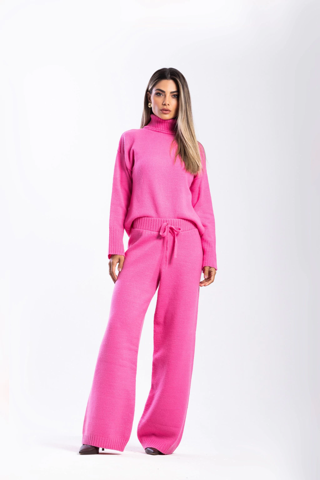 Calça Tricô Toque Macio Perna Larga Pink Bromélia