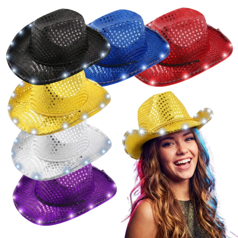 Sombrero Texano Vaquero Lentejuelas Con Luces Led Cotillón