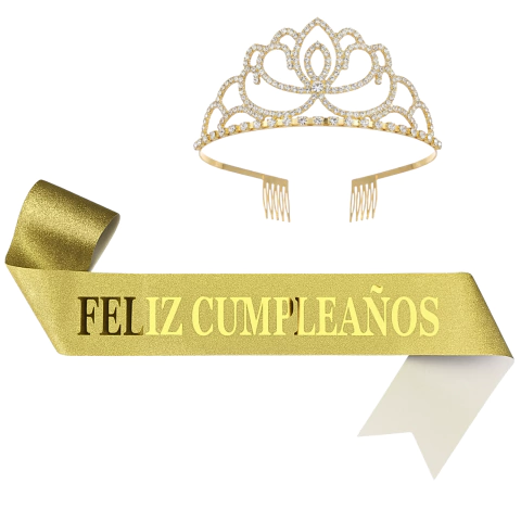 Tiara Strass + Banda Frase Iridiscente Feliz Cumpleaños - tienda online