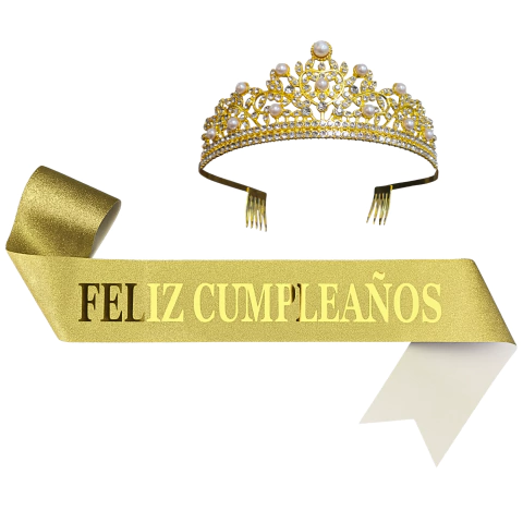 Tiara Strass + Banda Frase Iridiscente Feliz Cumpleaños - tienda online