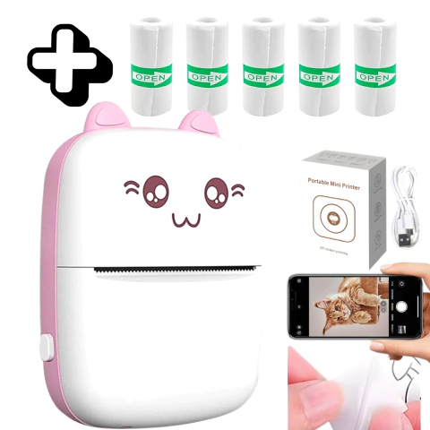 Imagen de Mini Impresora + 5 Rollos Adhesivos Varios Modelos Térmicos Bluetooth -448