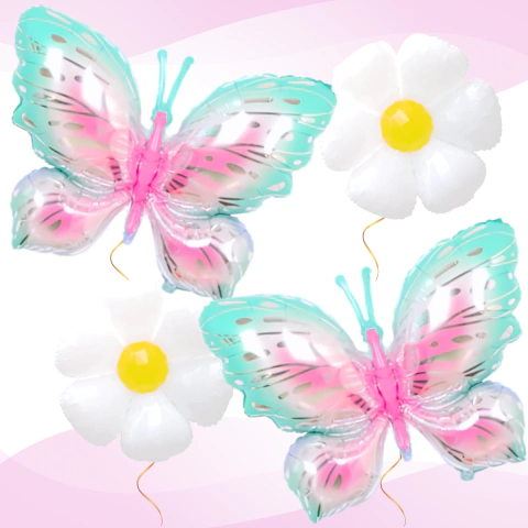 Kit Set 4 PCS Globos 18" Margaritas + Mariposas Decoración Pastel