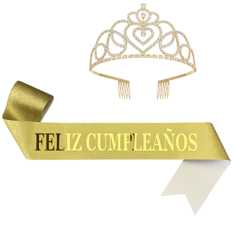 Imagen de Tiara Strass + Banda Frase Iridiscente Feliz Cumpleaños