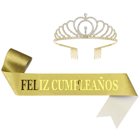 Tiara Strass + Banda Frase Iridiscente Feliz Cumpleaños - tienda online