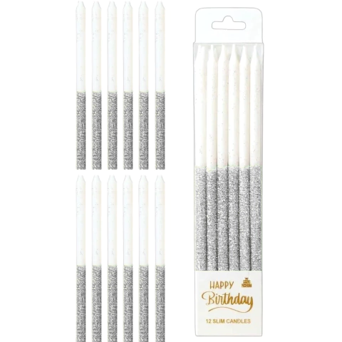 x12u Velas Lisa Glitter Mitad Blancas 12cm - tienda online