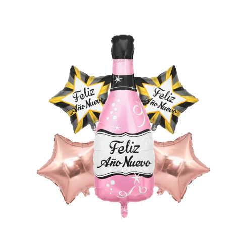 Set Globos 5pzs Champán Negro Dorado Rosa Feliz Año Nuevo
