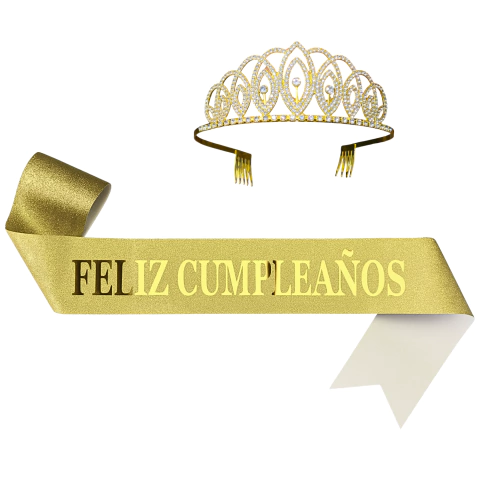 Tiara Strass + Banda Frase Iridiscente Feliz Cumpleaños - tienda online