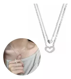 Collar Corazones Doble Plateado Delicado Moderno 1388 - M-GIGANTE