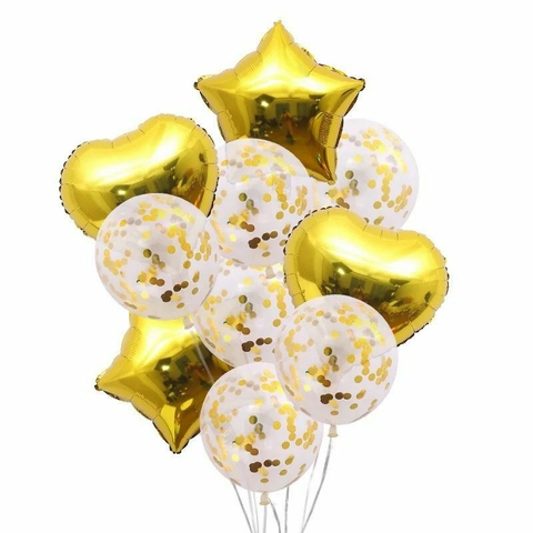 Set De 10 Globos Corazon Y Estrella Con Confetti Deco Fiesta