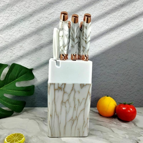 Set Cuchillos Y Tijera Para Cocina Diseño Mármol De 7 piezas