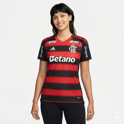 Camisa Flamengo I 25/26 - Torcedor Adidas Feminina - Preta e vermelha com todos os patrocínios - comprar online