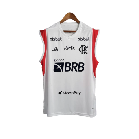 Camisa Regata Flamengo II 23/24 Torcedor Masculina - Branca com detalhes e vermelho e preto com todos os patrocinio