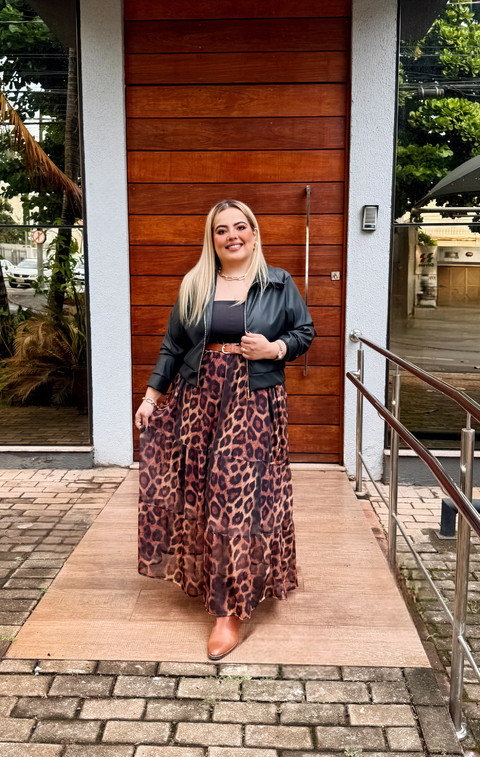 Saia Longa Tule Animal Print Fundo Marrom - comprar online
