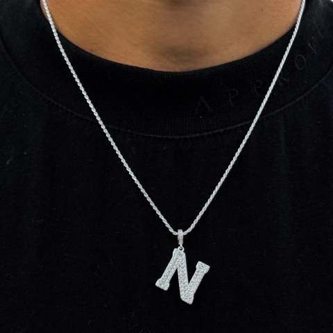 Cordão Baiano 50 cm + Letra N Cravejada com Pedra de Zircônia - Prata 925 - comprar online