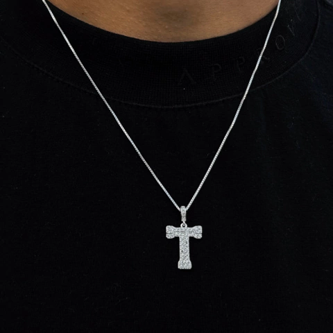 Corrente Veneziana 50 cm - Pingente T Cravejado com Pedra de Zircônia - Prata 925 - comprar online