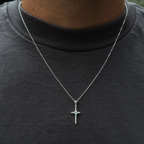 Cordão Cadeado 50 cm - Cruz Cravejada