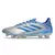 Chuteira campo Adidas Copa Pure 3 Elite na cor prateada com detalhes em azul e verde, vista lateral.