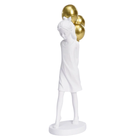 Escultura em Resina Branca Menina com Balões Dourados 27cm - comprar online