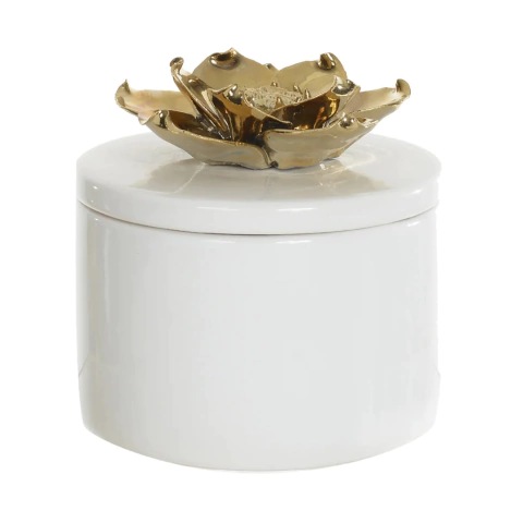 Caixa Decorativa Cerâmica Branca com Flor Dourada - G 12,5x13,6cm - comprar online