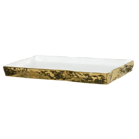 Bandeja Porcelana Branca e Dourada Retangular 30x16cm