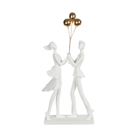 Escultura em Resina Branca Casal Com Balão Dourado 36X17,2X6cm