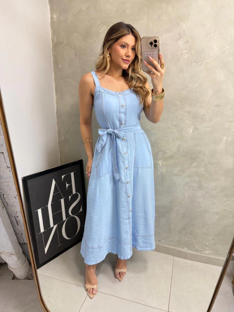 Vestido Prespontado Midi Azul Céu