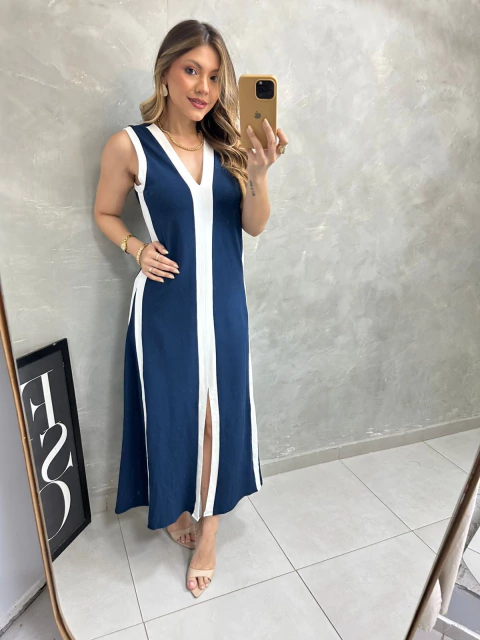 Vestido Moletinho Listra Azul Marinho