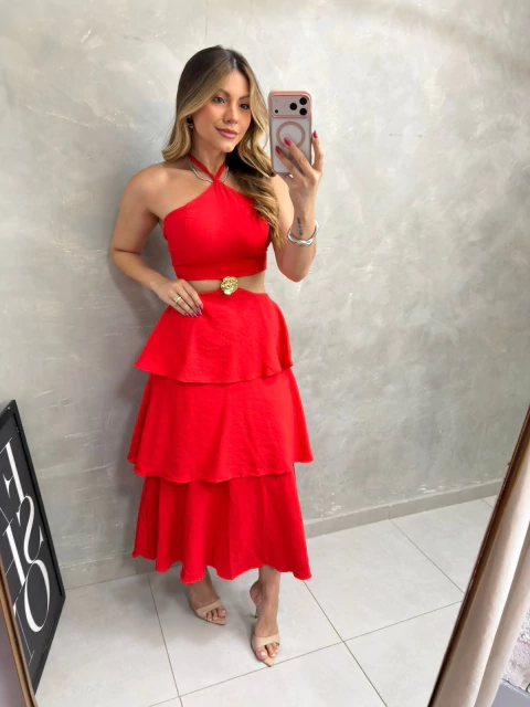 Vestido Camada Flor Vermelho