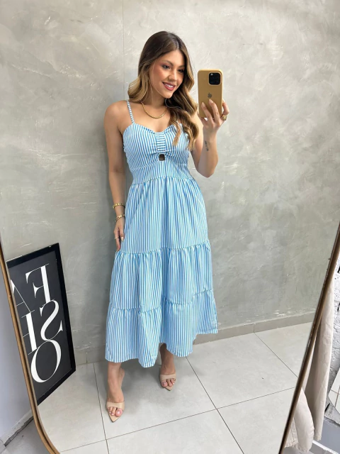 Vestido Listrado Alça Azul Crepe Liso