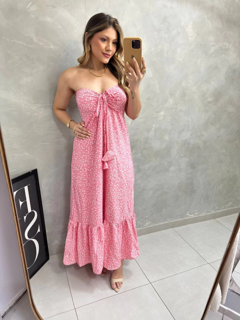 Vestido Sem Alça Estampa Rosa