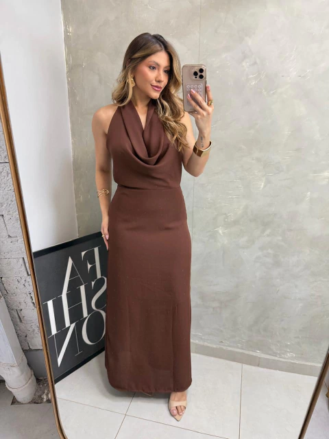 Vestido Crepe Chiffon Castanho Escuro